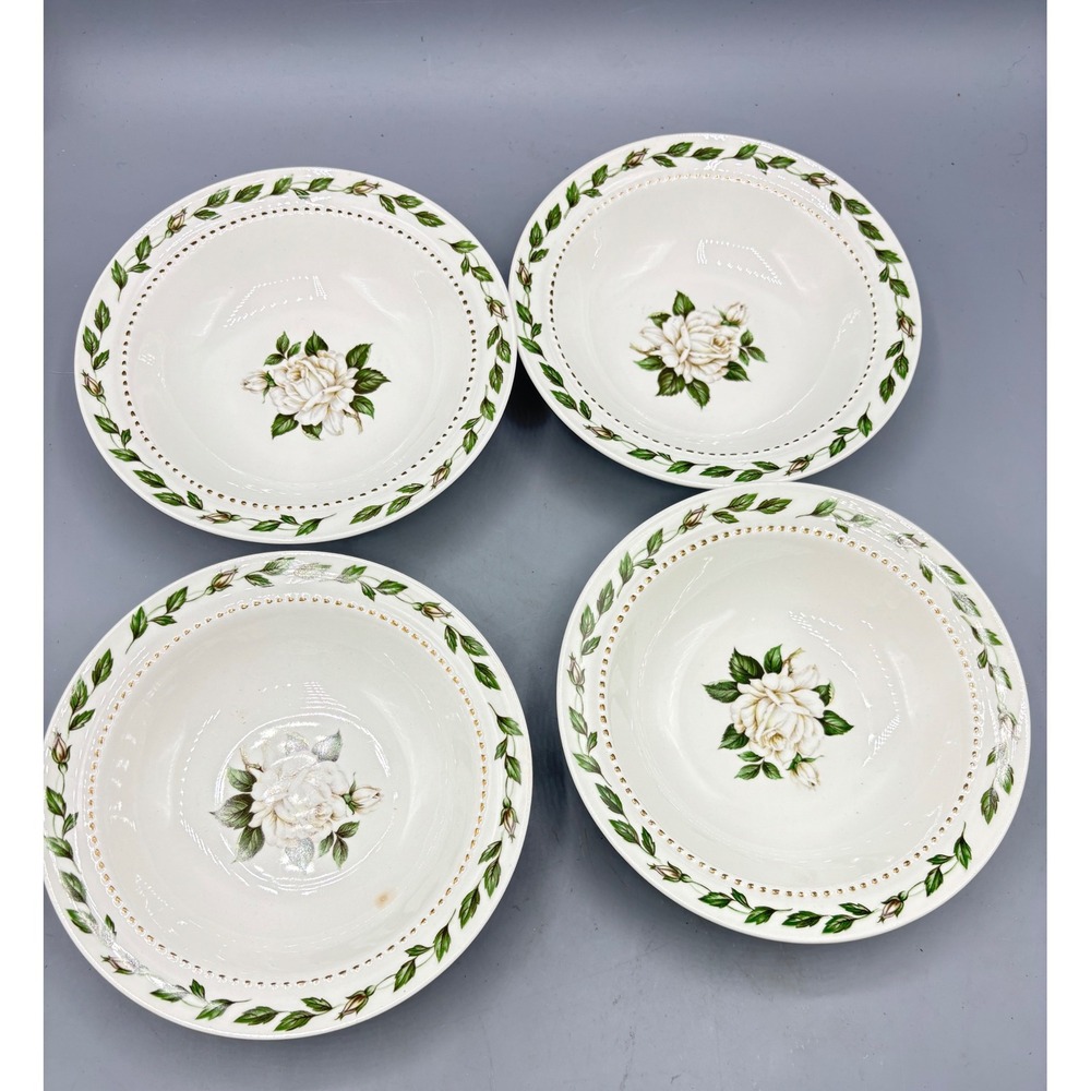 Vtg 4 Pc Superior Hall Cameo Rose Dessert Berry Bowls White Rose